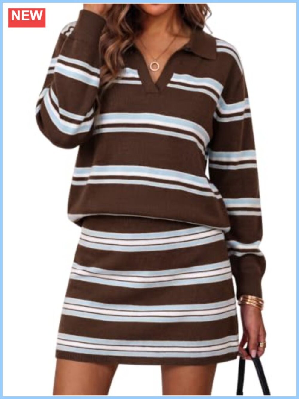 Striped 2 Piece Knit Set V-Neck Long Sleeve Top Mini Skirt Sweater Set